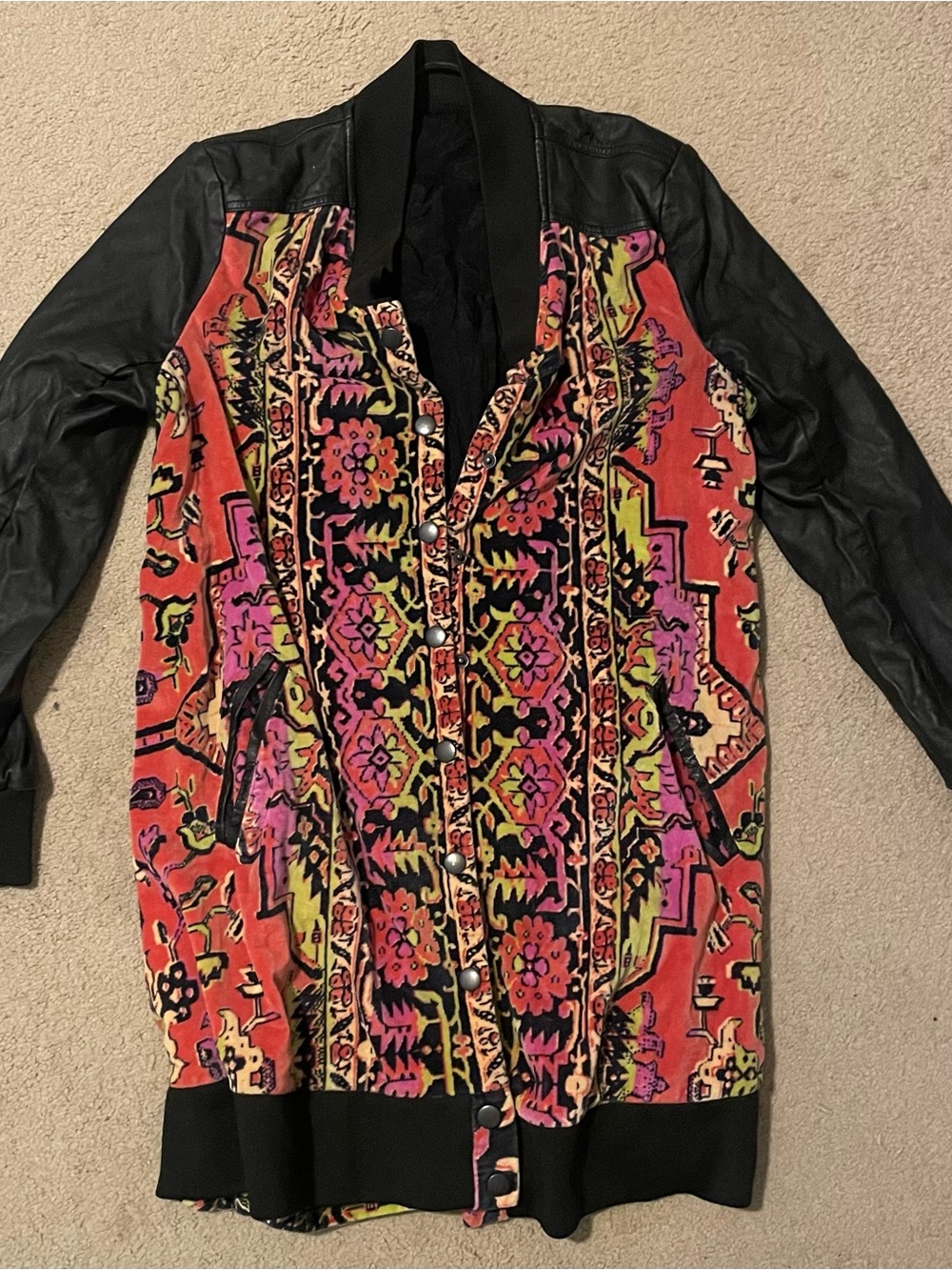 Boho Floral Velvet Bomber Jacket with Faux Leather Sleeves - Multicolor